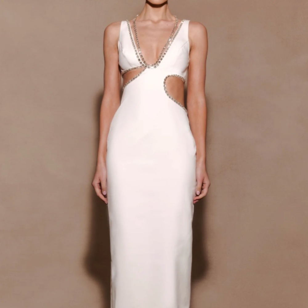 MESHKI Henny Diamante Trim Cut Out Midi Dress - White